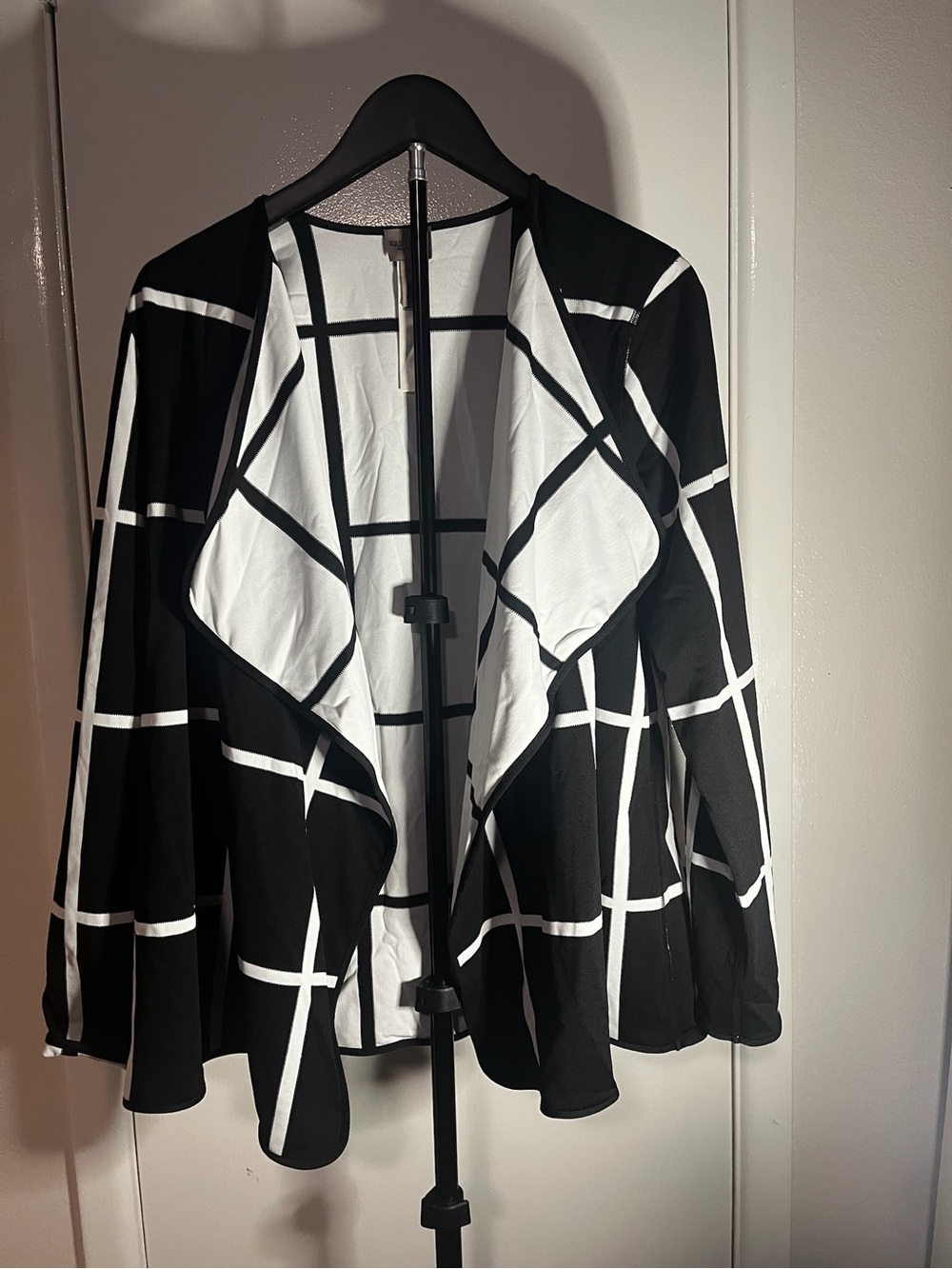 Black & White Windowpane Open-Front Draped Blazer